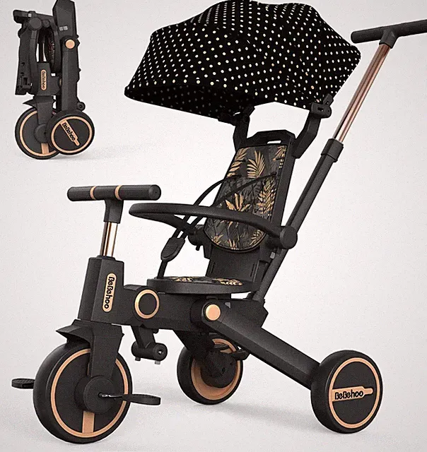 7‑in‑1 Foldable Tricycle Stroller — Gold, Push Handle, 1–5 Years